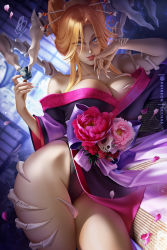 Rule 34 | 1girl, bare shoulders, bleach, blonde hair, blue eyes, breasts, cleavage, cup, fingernails, flower, forehead, hair intakes, hair ornament, hairpin, highleg, japanese clothes, kimono, large breasts, lips, long fingernails, long hair, looking at viewer, lying, matsumoto rangiku, mole, mole under mouth, olchas, on side, panties, patreon username, peony (flower), skeleton, smile, thighs, underwear