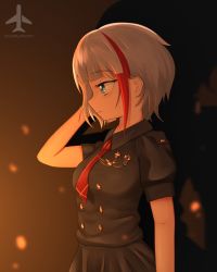 Rule 34 | 1girl, absurdres, adjusting hair, admiral graf spee (azur lane), admiral graf spee (girl&#039;s sunday) (azur lane), azur lane, black background, black shirt, black skirt, blue eyes, collared shirt, commentary, cross, depth charge, english commentary, from side, hair between eyes, highres, iron cross, looking away, multicolored hair, necktie, official alternate costume, pandramodo, shirt, short hair, short sleeves, sidelocks, silver hair, simple background, skirt, solo, streaked hair, two-tone hair