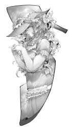 Rule 34 | 10s, 1girl, 2014, breasts, character request, copyright request, dress, frilled dress, frills, hat, highres, medium breasts, monochrome, orushibu, parted lips, short sleeves, simple background, sun hat, tagme, white background
