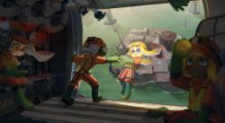 Rule 34 | 1other, 3girls, blonde hair, blue eyes, blunt bangs, blurry, blurry background, blurry foreground, blush, boots, dark-skinned female, dark skin, depth of field, domino mask, fangs, fire helmet, firefighter jacket, gloves, golden egg, green footwear, green gloves, helicopter interior, helmet, high-visibility vest, inkling, inkling player character, jacket, lifebuoy, long hair, looking at object, luke3411, mask, multiple girls, nintendo, ocean, octoling, octoling player character, orange headwear, outstretched arm, pale skin, rubber boots, rubber gloves, salmon run (splatoon), smile, splatoon (series), splatoon 3, swim ring, tentacle hair, unworn headwear, very long hair, yellow eyes