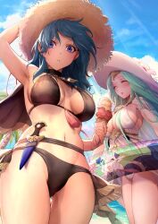 Rule 34 | 2girls, arm up, armpits, beach, bikini, black bikini, black capelet, black choker, blue eyes, blue hair, blue sky, blush, breasts, brown headwear, byleth (female) (fire emblem), byleth (female) (summer) (fire emblem), byleth (fire emblem), cape, capelet, character print, choker, cleavage, closed eyes, cloud, cloudy sky, commentary, cowboy shot, dagger, day, english commentary, fire emblem, fire emblem: three houses, fire emblem heroes, flower, gluteal fold, green hair, hand on headwear, hat, hat flower, highres, holding, holding ice cream cone, holster, ice cream cone, innertube, knife, large breasts, light rays, long hair, looking at viewer, moyashi mou2, multi-strapped bikini, multiple girls, navel, nintendo, ocean, official alternate costume, open mouth, outdoors, palm tree, parted lips, rhea (summer) (fire emblem), sheath, sheathed, sideboob, sky, smile, sothis (fire emblem), standing, stomach, straw hat, sun hat, sunlight, swim ring, swimsuit, tassel, thigh gap, thigh holster, thighs, tree, weapon, white bikini, white cape, white headwear, wind