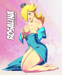 Rule 34 | 1girl, barefoot, blonde hair, blue dress, blue eyes, bokuman, breasts, character name, crown, curvy, dress, earrings, full body, functionally nude, hair over one eye, jewelry, kneeling, large breasts, looking at viewer, mario (series), mini crown, nintendo, nipples, no bra, no panties, off-shoulder dress, off shoulder, parted lips, red lips, rosalina, solo, super mario bros. 1, super mario galaxy, thick thighs, thighs
