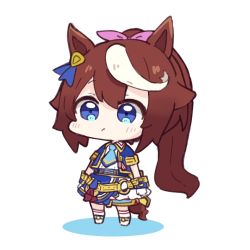 Rule 34 | 1girl, animal ears, blue eyes, blue jacket, blue neckwear, brown hair, chibi, collared shirt, colored shadow, commentary request, full body, gloves, hair between eyes, hair ribbon, horse ears, horse girl, horse tail, jacket, long hair, multicolored hair, nozo (hitomiz), open clothes, open jacket, pink ribbon, pleated skirt, ponytail, ribbon, shadow, shirt, skirt, solo, standing, streaked hair, tail, tokai teio (umamusume), umamusume, very long hair, white background, white gloves, white hair, white shirt, white skirt