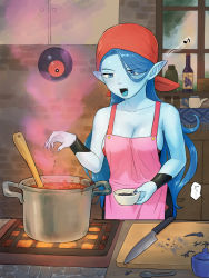 Rule 34 | 1girl, :d, apron, arinsu (kodamamaimai), bandana, bare shoulders, black dress, blue eyes, blue hair, blue skin, blue tongue, blush, bottle, bowl, breasts, cleavage, collarbone, colored skin, colored tongue, commentary request, cooking, dark blue hair, dragon quest, dragon quest viii, dress, fang, highres, holding, holding bowl, kitchen, kitchen knife, large breasts, musical note, open mouth, pink apron, pointy ears, pot, red bandana, smile, solo, stove, window, witch lady (dq8), wristband