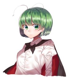 Rule 34 | 1girl, absurdres, antenna hair, blush, cape, closed mouth, collared shirt, dark jewel (gem oblivion), green eyes, green hair, highres, looking at viewer, puffy sleeves, shirt, short hair, simple background, smile, solo, touhou, upper body, white background, white shirt, wriggle nightbug