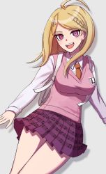 Rule 34 | 1girl, :d, absurdres, ahoge, akamatsu kaede, arironpawa, backpack, bag, blonde hair, breasts, collared shirt, commentary request, cowboy shot, danganronpa (series), danganronpa v3: killing harmony, eighth note, fortissimo, grey background, hair ornament, highres, large breasts, long hair, long sleeves, looking at viewer, musical note, musical note hair ornament, necktie, open mouth, pink eyes, pink sweater vest, pink vest, pleated skirt, print skirt, purple eyes, purple skirt, school uniform, shirt, simple background, skirt, smile, solo, sweater vest, teeth, upper teeth only, vest, white shirt