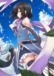 Rule 34 | 2girls, ahoge, aqua hair, armpit crease, bare shoulders, black hair, black legwear, black scarf, blue shirt, blue skirt, blue sky, blurry, blurry foreground, blush, bow, bowtie, closed mouth, cloud, cloudy sky, commentary request, day, detached sleeves, facing away, floating hair, frilled skirt, frills, from behind, hand on own hip, hand up, highres, leaf, light particles, long hair, long sleeves, looking at viewer, looking to the side, mahcdai, miniskirt, multiple girls, original, outdoors, planol note, ponytail, profile, purple eyes, purple neckwear, purple scarf, scarf, scarf pull, sheath, shirt, short hair, sidelocks, skirt, sky, sleeves past wrists, smile, tailcoat, thighhighs, wind, zettai ryouiki