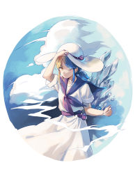 Rule 34 | 1girl, alternate color, blonde hair, blue hair, closed mouth, cloud, cloudy sky, commentary request, dress, hat, hat ribbon, highres, ice, louise (touhou), low ponytail, neckerchief, one eye closed, purple neckerchief, purple ribbon, purple sailor collar, purple sash, ribbon, sailor collar, sash, short sleeves, sky, smile, sun hat, touhou, touhou (pc-98), transformation, upper body, white dress, yellow eyes, yorktown cv-5