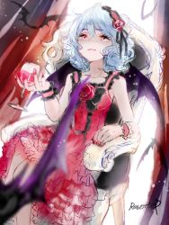 Rule 34 | 1girl, alcohol, alternate costume, artist name, bad id, bad pixiv id, bat (animal), bat wings, blue hair, cup, dress, drinking glass, hairband, open mouth, red eyes, remilia scarlet, ribbon, rosette (roze-ko), short hair, smile, solo, touhou, wine, wine glass, wings