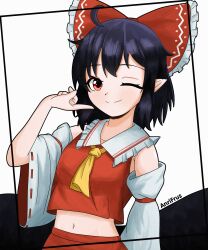 Rule 34 | absurdres, ahoge, anrifrus, ascot, bare shoulders, black hair, black wings, breasts, closed mouth, collared shirt, cosplay, hakurei reimu, hakurei reimu (cosplay), happy, highres, long sleeves, low wings, midriff, navel, one eye closed, pointy ears, red eyes, red shirt, red skirt, red wings, shameimaru aya, shirt, skirt, skirt set, sleeveless, sleeveless shirt, small breasts, smile, touhou, upper body, white sleeves, wide sleeves, wings, yellow ascot