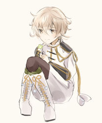 Rule 34 | 10s, 1boy, armor, black pantyhose, boots, brown eyes, clover, cross-laced footwear, four-leaf clover, japanese armor, knees together feet apart, lace-up boots, light brown hair, light smile, male focus, mikanmochi, military, military uniform, monoyoshi sadamune, pants, pantyhose, short hair, shoulder armor, sitting, sode, solo, touken ranbu, uniform, white footwear, white pants