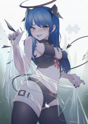 Rule 34 | 1girl, absurdres, aqua eyes, arknights, black panties, black thighhighs, blue hair, breasts, bright pupils, choker, cleavage, contrapposto, cowboy shot, earrings, grin, halo, highres, horns, jewelry, long hair, looking at viewer, medium breasts, mostima (arknights), nail polish, navel, panties, raised eyebrow, ribbon choker, saw272, see-through, smile, solo, stud earrings, tail, thigh strap, thighhighs, underwear, underwear only, white pupils