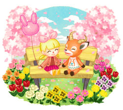 Rule 34 | 1boy, 1girl, :d, ^ ^, animal crossing, balloon, beau (animal crossing), bench, blonde hair, blue sky, blunt bangs, blush, brown horns, brown jacket, brown sweater, cherry blossoms, closed eyes, cloud, commentary request, day, falling petals, flower, furry, furry male, grass, hair ribbon, holding, holding balloon, horns, jacket, long sleeves, low twintails, lowres, medium hair, moai (aoh), nintendo, on bench, open clothes, open jacket, open mouth, orange flower, outdoors, petals, pink flower, pink ribbon, pink rose, pleated skirt, purple flower, red flower, red skirt, ribbon, rose, shirt, shoes, short twintails, sitting, skirt, sky, sleeveless, sleeveless shirt, smile, socks, sweater, tree, tulip, twintails, villager (animal crossing), white flower, white rose, white shirt, white socks, yellow flower, yellow footwear