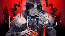 Rule 34 | 1boy, black hair, black nails, brooch, crown, unworn crown, fangs, finger in own mouth, fur-trimmed jacket, fur trim, grin, hair over one eye, hair over shoulder, highres, holding, holding crown, jacket, jewelry, king (vocaloid), limited palette, liquid, long hair, long sleeves, looking at viewer, low-tied long hair, male focus, medium hair, mojuke, monocle, mouth pull, nijisanji, orange eyes, red background, shellin burgundy, shirt, slit pupils, smile, solo, song name, straight-on, throne, upper body, virtual youtuber, white shirt