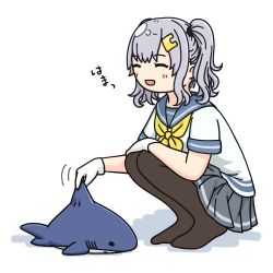 Rule 34 | 1girl, black pantyhose, commentary request, cosplay, closed eyes, grey sailor collar, grey skirt, hair ornament, hair over one eye, hairclip, hama! (3toshinhmkz), hamakaze (kancolle), hamakaze (kancolle) (cosplay), kantai collection, kashima (kancolle), long hair, neckerchief, no nose, pantyhose, pleated skirt, sailor collar, school uniform, serafuku, silver hair, simple background, skirt, solo, squatting, white background, yellow neckerchief
