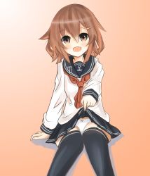 Rule 34 | 10s, 1girl, black thighhighs, bow, bow panties, brown eyes, brown hair, clothes lift, eve (kenzen), hair ribbon, highres, ikazuchi (kancolle), kantai collection, lifting own clothes, looking at viewer, neckerchief, open mouth, panties, pantyshot, red neckerchief, ribbon, school uniform, serafuku, short hair, skirt, skirt lift, smile, solo, thighhighs, underwear, upskirt, white panties