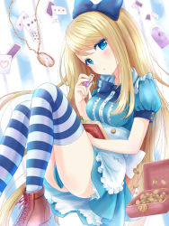 Rule 34 | 1girl, :o, alice (alice in wonderland), alice in wonderland, apron, bad id, bad pixiv id, blonde hair, blue eyes, blush, book, boots, bottle, bow, card, censored, chloe lemaire, convenient censoring, cookie, dress, food, girlfriend (kari), hair bow, head tilt, highres, holding, long hair, looking at viewer, pocket watch, solo, striped clothes, striped thighhighs, thighhighs, very long hair, watch, yukillust