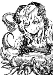 Rule 34 | 1girl, alipheese fateburn xvi, breasts, elbow gloves, flower, gloves, greyscale, hair between eyes, hair flower, hair ornament, hand on own head, horns, jitsu shizu, long hair, looking at viewer, mon-musu quest!, monochrome, monster girl, parted lips, pointy ears, simple background, sketch, solo, tentacles, upper body, white background