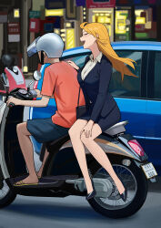 Rule 34 | 1boy, 1girl, absurdres, artist name, bag, bare legs, black footwear, blonde hair, blue car, blue jacket, blue shorts, blue skirt, blurry, blurry background, blush, closed eyes, collared shirt, commentary, fatzhai, formal, full body, hand on own knee, helmet, high heels, highres, jacket, knees together feet apart, legs, license plate, long hair, motor vehicle, multiple riders, office lady, on scooter, open mouth, orange shirt, original, outdoors, pencil skirt, sandals, scooter, shirt, short sleeves, shorts, shoulder bag, sitting, skirt, skirt suit, suit, symbol-only commentary, teeth, upper teeth only, white shirt