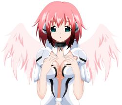 Rule 34 | 1girl, absurdres, aqua eyes, breasts, eyebrows, hands on breasts, highres, ikaros, miro222 (artist), pink hair, solo, sora no otoshimono, transparent background, wings