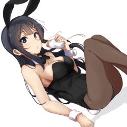 Rule 34 | 10s, 1girl, animal ears, ass, bad id, bad pixiv id, bare shoulders, black bow, black bowtie, black hair, black hairband, black leotard, blue eyes, blush, bow, bowtie, breasts, brown pantyhose, cleavage, closed mouth, collar, commentary, detached collar, english commentary, fake animal ears, food, hairband, highres, holding, holding food, icehotmilktea, leotard, long hair, looking at viewer, lying, medium breasts, on back, pantyhose, playboy bunny, rabbit ears, rabbit tail, sakurajima mai, seishun buta yarou, shadow, solo, spread legs, strapless, strapless leotard, tail, very long hair, white background, white collar, wing collar, wrist cuffs