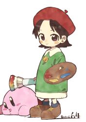 Rule 34 | 1girl, adeleine, beret, black hair, blush stickers, brown footwear, copyright name, green shirt, hat, highres, holding, holding paintbrush, holding palette, kirby, kirby (series), kirby 64, long shirt, looking at viewer, nama udon, nintendo, paintbrush, palette (object), purple eyes, red headwear, shirt, shoes, short hair, simple background, smile, white background