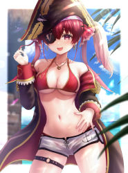 Rule 34 | 1girl, absurdres, anchor print, anchor symbol, bare shoulders, bikini, bikini top only, blue sky, blurry, blurry background, blush, bow, bowtie, breasts, cleavage, cloud, collarbone, commentary request, day, detached sleeves, earrings, epaulettes, fang, fingernails, hand up, hat, highres, hololive, houshou marine, houshou marine (summer), jewelry, long coat, long hair, long sleeves, looking at viewer, md5 mismatch, medium breasts, navel, necklace, o-ring, o-ring thigh strap, ocean, off shoulder, open mouth, outdoors, pirate hat, red eyes, red hair, resolution mismatch, revision, shiny skin, short shorts, shorts, simple background, sky, smile, source smaller, stomach, sunlight, swimsuit, thigh strap, thighs, twintails, virtual youtuber, wajuniorbox, water