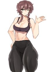 Rule 34 | 1girl, alternate breast size, amane suzuha, braid, breasts, brown hair, cleavage, green eyes, jonyeld, large breasts, leggings, looking at viewer, one eye closed, skin tight, smile, solo, sports bra, standing, steins;gate, tagme, thick thighs, thighs, toned