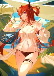 Rule 34 | 1girl, arknights, bare shoulders, bikini, black bikini, black choker, black ribbon, breasts, choker, cleavage, collarbone, criss-cross halter, cup, day, detached sleeves, feet out of frame, food, hair intakes, hair ornament, hair rings, halterneck, hammock, highres, holding, holding spoon, horns, ice cream, kernel killer, long hair, long sleeves, looking at viewer, medium breasts, navel, official alternate costume, outdoors, parted lips, puffy long sleeves, puffy sleeves, purple eyes, red hair, ribbon, side-tie bikini bottom, skindentation, smile, solo, spoon, standing, star (symbol), star hair ornament, stomach, surtr (arknights), surtr (colorful wonderland) (arknights), swimsuit, table, thigh strap, very long hair