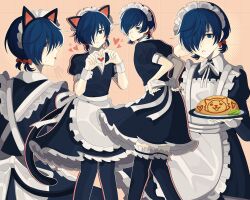 Rule 34 | 1boy, absurdres, alternate costume, animal ears, apron, black dress, black hairband, black thighhighs, blue eyes, blue hair, blush, bobamiruku, bow, cat ears, closed mouth, commentary, cowboy shot, crossdressing, dress, english commentary, fake animal ears, feet out of frame, frilled apron, frilled dress, frilled thighhighs, frills, grid background, hair bow, hair over one eye, hairband, hands up, heart, heart hands, highres, holding, holding tray, juliet sleeves, long sleeves, looking at viewer, looking back, maid, maid apron, maid headdress, male focus, multiple views, one eye covered, parted lips, persona, persona 3, pink background, pleated dress, puffy short sleeves, puffy sleeves, red bow, shadow, short dress, short hair, short sleeves, short twintails, thighhighs, tongue, tongue out, trap, tray, twintails, white bow, yuuki makoto (persona 3)