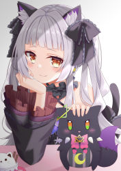 Rule 34 | 1girl, animal ear fluff, animal ears, bare shoulders, black choker, black dress, blush, bow, cat, cat ears, cat girl, cat tail, choker, commentary request, criss-cross halter, divergenceok, dress, frilled choker, frilled dress, frills, gothic lolita, halter dress, halterneck, hexagram, highres, hololive, kemonomimi mode, lolita fashion, looking at viewer, murasaki shion, murasaki shion (gothic lolita), orange eyes, pink bow, shiokko (murasaki shion), silver hair, simple background, tail, virtual youtuber, white background