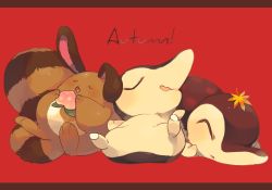 Rule 34 | autumn, autumn leaves, bad id, bad twitter id, berry, berry (pokemon), blush, commentary request, creatures (company), cyndaquil, drooling, english text, closed eyes, food, fruit, game freak, gen 2 pokemon, hideko (l33l3b), holding, holding food, holding fruit, leaf, letterboxed, lying, maple leaf, nintendo, no humans, on back, on stomach, parted lips, pokemon, pokemon (creature), red background, saliva, sentret, simple background, sleeping