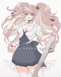 Rule 34 | 1girl, alternate costume, apron, bear hair ornament, black apron, black skirt, blue eyes, breasts, cleavage, collarbone, commentary, cowboy shot, criis-chan, danganronpa: trigger happy havoc, danganronpa (series), enoshima junko, hair ornament, long hair, looking at viewer, nail polish, oversized object, red nails, shirt, skirt, sleeves rolled up, smile, solo, twintails, twitter username, v, white shirt