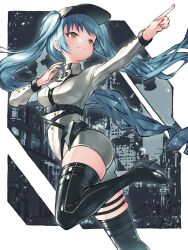 Rule 34 | 1girl, :3, absurdres, aqua hair, ass, black footwear, blue hair, boots, breasts, fal si0n, goddess of victory: nikke, hat, high heel boots, high heels, highres, holster, long hair, looking to the side, medium breasts, military, military hat, military uniform, peaked cap, pointing, privaty (nikke), simple background, skindentation, solo, standing, standing on one leg, thigh boots, twintails, uniform, very long hair, white hat, yellow eyes