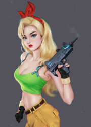 Rule 34 | 1girl, bare shoulders, belt, black gloves, blonde hair, blue eyes, breasts, cleavage, crop top, dragon ball, finger on trigger, fingerless gloves, from side, gloves, grey background, gun, hair ribbon, hairband, highres, holding, holding gun, holding weapon, large breasts, long hair, looking at viewer, looking to the side, lunch (bad) (dragon ball), lunch (dragon ball), midriff, navel, parted lips, red lips, red ribbon, ribbon, shorts, skinny, sleeveless, smoke, smoke trail, solo, strap gap, wavy hair, weapon, yanghuan