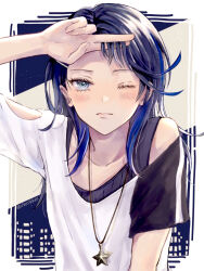 Rule 34 | 1girl, absurdres, black hair, blue hair, blue sky, blush, closed mouth, commentary request, fingernails, highres, hoshino ichika (project sekai), jewelry, mikeimikei, multicolored hair, necklace, one eye closed, project sekai, short sleeves, sky, solo, star (symbol), star necklace, streaked hair, two-tone hair, upper body