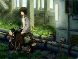 Rule 34 | 1girl, bad id, bad pixiv id, brown eyes, brown hair, female focus, full body, goggles, grass, helmet, jacket, motor vehicle, nature, outdoors, scooter, short hair, sitting, solo, stairs, yoshidaworks