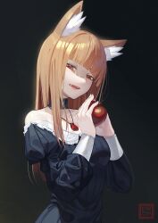 Rule 34 | 1girl, animal ear fluff, animal ears, apple, bare shoulders, black background, black dress, brown hair, collarbone, commentary request, dress, fangs, food, fruit, hands up, highres, holding, holding food, holding fruit, holo, long hair, long sleeves, looking at viewer, natori youkai, off-shoulder dress, off shoulder, puffy long sleeves, puffy sleeves, red apple, red eyes, smile, solo, spice and wolf, very long hair, wolf ears