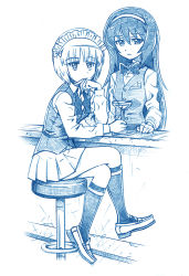 Rule 34 | 2girls, bar stool, bartender, bbb (friskuser), blue theme, bow, bowtie, cocktail glass, commentary request, counter, crossed legs, cup, cutlass (girls und panzer), drinking glass, girls und panzer, hair between eyes, hairband, highres, loafers, long hair, long sleeves, looking at viewer, maid headdress, martini, monochrome, multiple girls, olive, photoshop (medium), pleated skirt, reizei mako, revision, shadow, shoes, short hair, sitting, skirt, smile, socks, stool, untied, vest, white background