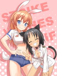 Rule 34 | 2girls, aged up, animal ears, bad id, bad pixiv id, black hair, blue eyes, breasts, cat ears, cat tail, charlotte e. yeager, choker, cleavage, closed eyes, closed mouth, fang, francesca lucchini, fudama, hands on own hips, medium breasts, multiple girls, navel, orange hair, panties, rabbit ears, rabbit girl, rabbit tail, smile, strike witches, striped clothes, striped panties, tail, underwear, v, world witches series