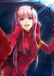 Rule 34 | 1girl, :d, armlet, blunt bangs, blurry, blurry foreground, bodysuit, breasts, breasts apart, covered navel, darling in the franxx, green eyes, hairband, highres, horns, k3rd, long hair, looking at viewer, medium breasts, open mouth, pink hair, pov, reaching, reaching towards viewer, red bodysuit, smile, solo, very long hair, white hairband, zero two (darling in the franxx)