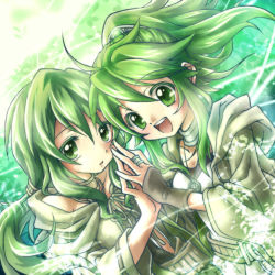 Rule 34 | 2girls, caam serenity of gusto, calm, silent gusta, collar, duel monster, gloves, green eyes, green hair, hair ornament, holding hands, jewelry, long hair, looking at viewer, miesa, multiple girls, open mouth, pendant, ring, smile, wind, winda priestess of gusto, wynnda miko of the gusta, yu-gi-oh!