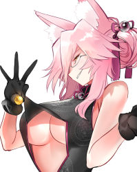 Rule 34 | 1girl, absurdres, animal ear fluff, animal ears, bare shoulders, bell, black dress, black gloves, blush, breasts, center opening, china dress, chinese clothes, dress, fate/grand order, fate (series), fox ears, fox girl, glasses, gloves, grin, hair between eyes, highres, jingle bell, koyanskaya (chinese lostbelt outfit) (fate), koyanskaya (fate), large breasts, long hair, looking at viewer, pink hair, saru (pixiv13751598), sidelocks, smile, solo, tassel, underboob, white background, yellow eyes