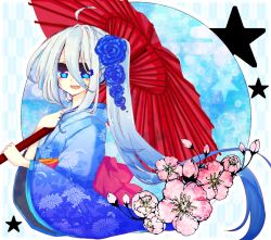 Rule 34 | 1girl, :d, ahoge, blue eyes, blue hair, flower, hair flower, hair ornament, iori 93, japanese clothes, kisara (yu-gi-oh!), long hair, matching hair/eyes, oil-paper umbrella, open mouth, side ponytail, smile, solo, umbrella, yu-gi-oh!, yu-gi-oh! duel monsters