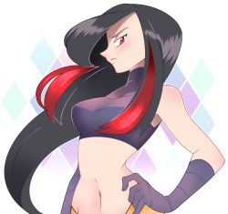 Rule 34 | 1girl, argyle, argyle background, argyle clothes, black hair, breasts, creatures (company), crop top, game freak, gloves, hand on own hip, highres, looking at viewer, lucy (pokemon), midriff, multicolored hair, navel, nintendo, pokemon, pokemon emerald, pokemon rse, purple gloves, red eyes, red hair, solo, two-tone hair, vergolophus