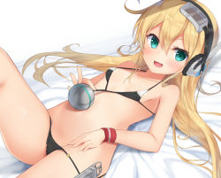 Rule 34 | 1girl, :d, albacore (azur lane), azur lane, bare arms, bare shoulders, bed sheet, bikini, bikini pull, black bikini, blonde hair, blush, breasts, clothes pull, collarbone, commentary request, fang, female focus, fingernails, fujieda uzuki, green eyes, groin, hair between eyes, headphones, long hair, looking at viewer, lying, on back, open mouth, pulled by self, small breasts, smile, solo, star (symbol), swimsuit, very long hair, wristband