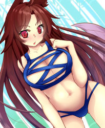 Rule 34 | 1girl, animal ears, bamboo, bamboo forest, blush, breasts, brown hair, cleavage, collarbone, cra4, forest, imaizumi kagerou, large breasts, long hair, looking at viewer, meme attire, nature, navel, open mouth, red eyes, rei no mizugi, solo, swimsuit, tail, touhou, wolf ears, wolf tail