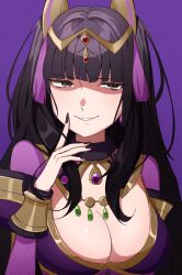 Rule 34 | 1girl, alternate costume, black hair, black nails, blunt bangs, bracelet, breasts, cleavage, cleavage cutout, clothing cutout, commentary request, eyelashes, fire emblem, fire emblem awakening, gmais2514, grey eyes, hand on own chin, highres, jewelry, large breasts, long hair, nintendo, purple background, simple background, smile, solo, sorcerer (fire emblem awakening), tassel, teeth, tharja (fire emblem), tiara, two side up, upper body