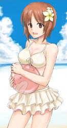 Rule 34 | 10s, 1girl, :d, anglerfish, bad id, bad pixiv id, ball, beach, beachball, blonde hair, blue eyes, breasts, brown eyes, brown hair, cleavage, cloud, day, fish, girls und panzer, hair ornament, medium breasts, mutsu (layergreen), nishizumi miho, ocean, open mouth, outdoors, short hair, smile, solo, swimsuit, swimsuit skirt, upper body, water