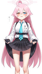 1girl absurdres blue_archive blue_eyes blue_necktie blush clothes_lift gluteal_fold heterochromia highres hoshino_(blue_archive) id_card kandori lifting_own_clothes long_hair necktie pink_hair school_uniform shirt simple_background skirt skirt_lift solo sweat white_background white_shirt yellow_eyes